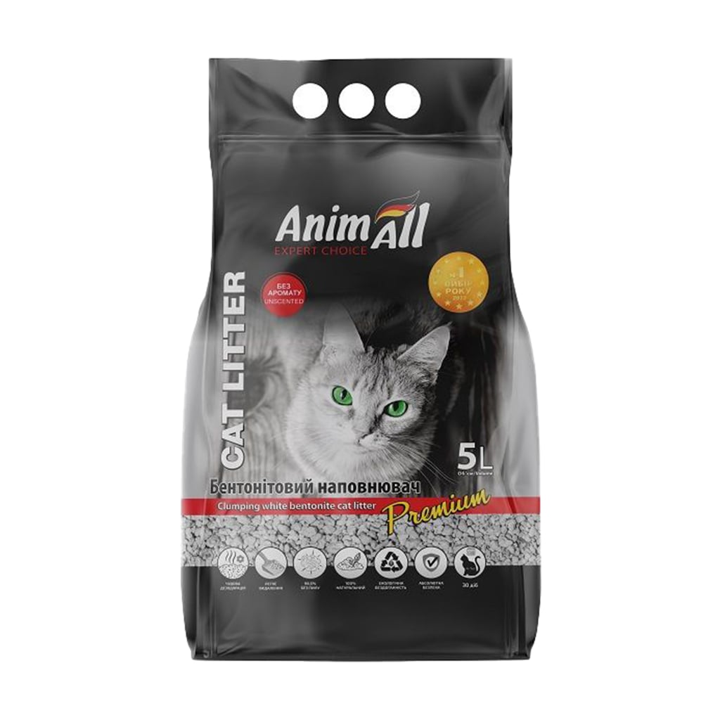 Бентонітовий наповнювач для котячого туалету AnimAll Premium білий, без аромату, 5 л